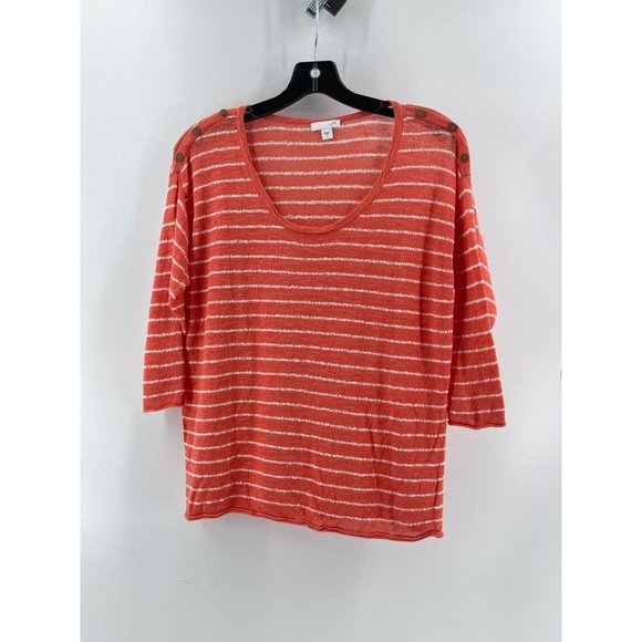 J Jill Women's Orange White Striped Knit Linen Sweater 3/4 Sleeve Size Small - Picture 2 of 10